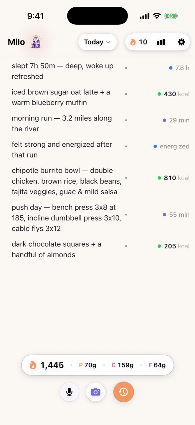 Real Milo journal showing sample food, exercise, sleep and mood entries