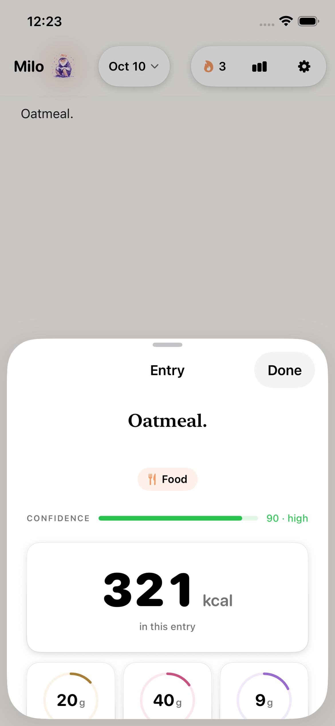 Actual Milo Oatmeal entry sheet with its fixed sample nutrition estimate